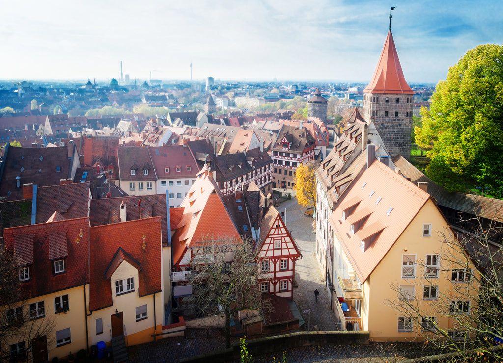 cityscape of Old town of Nuremberg with city wall, Germany, retro toned