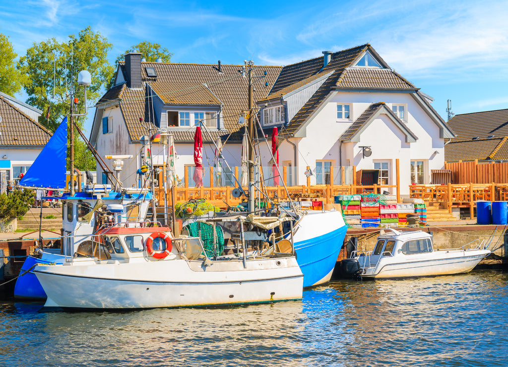 Fishing boats in Vitte port on sunny beautiful day, Hiddensee island, Baltic Sea, Germany