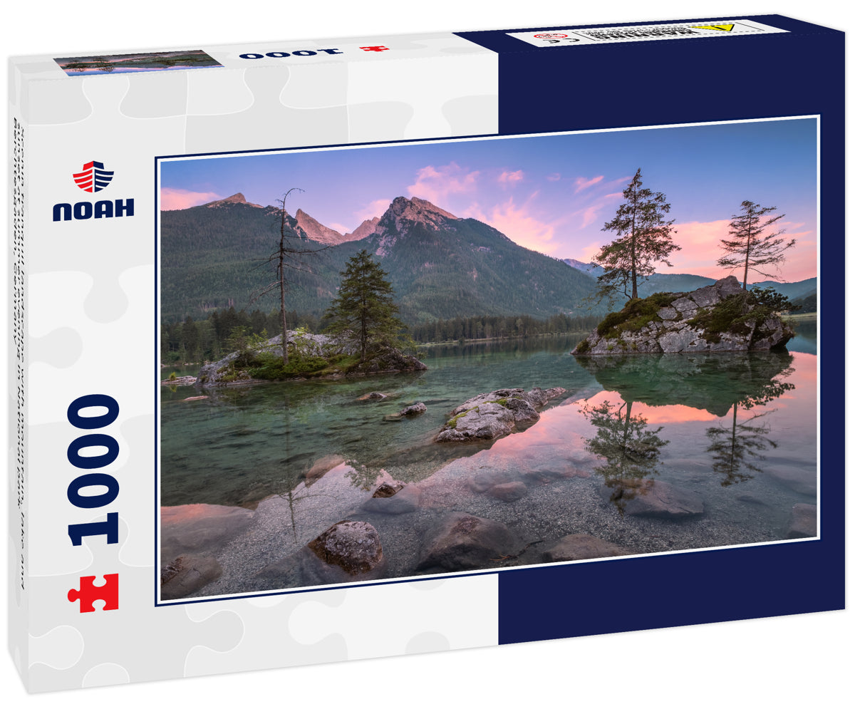 Scenin tranquil landscape with mountain, lake and sunset at summer evening in National park Berchtesgaden, Germany