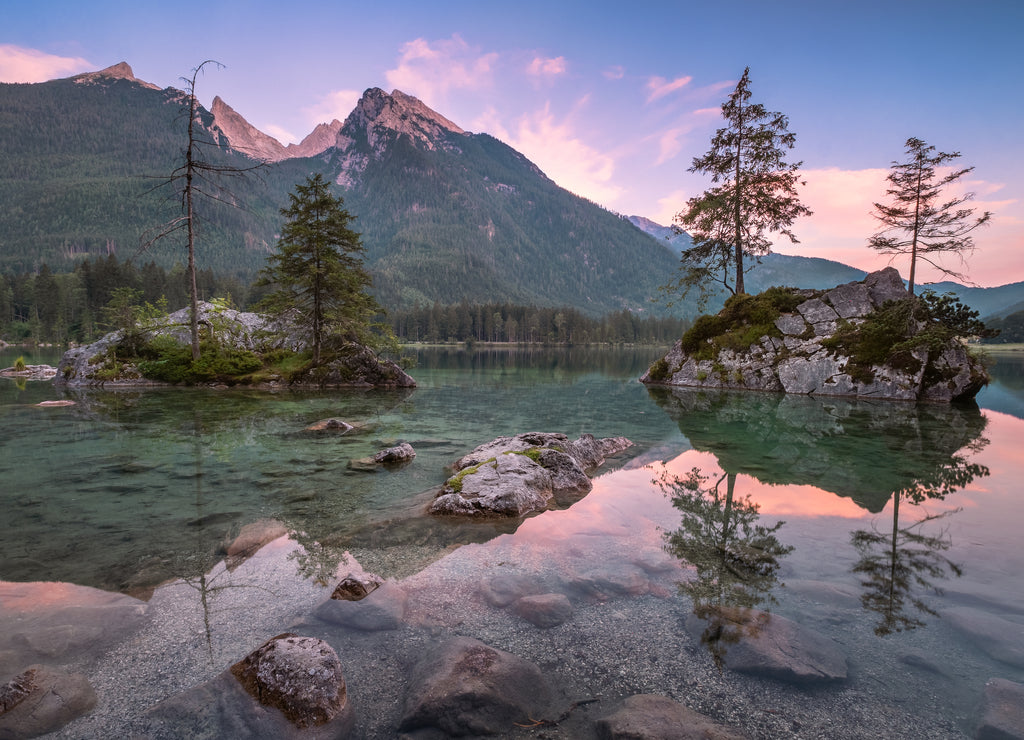 Scenin tranquil landscape with mountain, lake and sunset at summer evening in National park Berchtesgaden, Germany