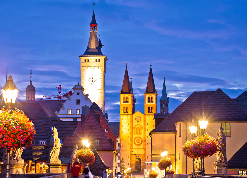 Old Main Bridge over the Main river and scenic towers in the Old Town of Wurzburg