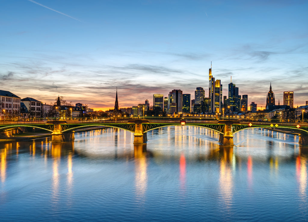 The skyline of Frankfurt in Germany after sunset