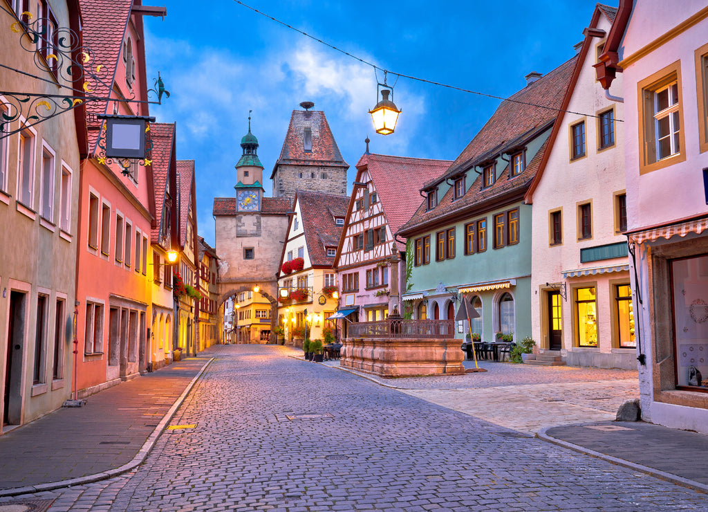 Rothenburg ob der Tauber. German street architecture of medieval German town of Rothenburg ob der Tauber evening view