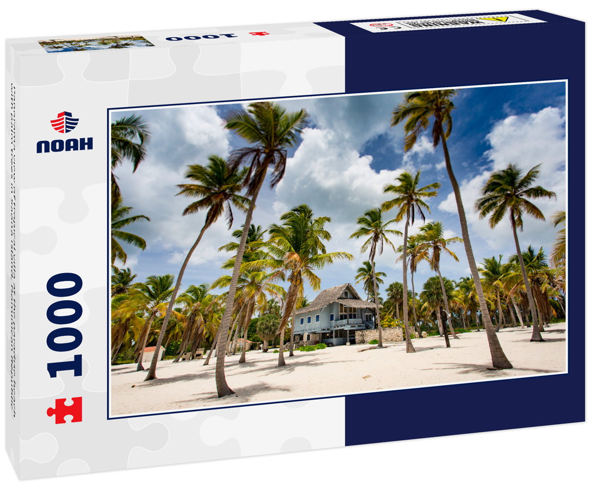 Panorama view of tropical villa at the paradise beach with palm trees in Saona island, Dominican Republic