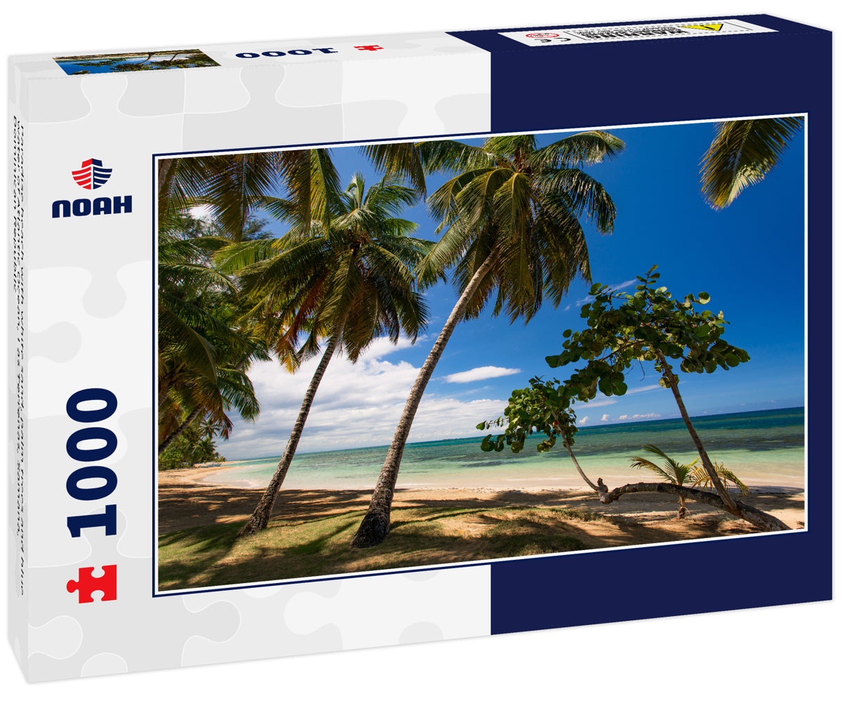 Paradise beach with white sand, palm trees and blue water of Atlantic Ocean, Las Terrenas, Samana, Dominican Republic