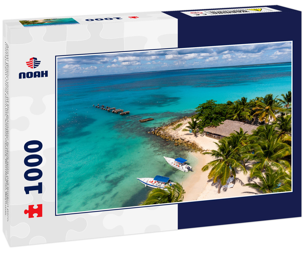 Aerial drone view of the paradise beach with old broken pier, boats, palm trees and blue water of Caribbean Sea with transparent coral bottom, Saona island, Dominican Republic