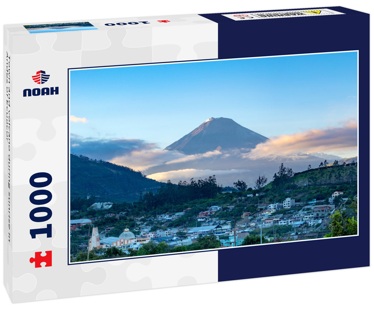 Town and volcano during sunrise in Andes of Ecuacor