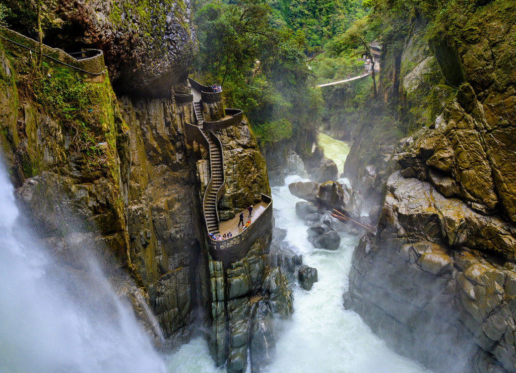 Aerial view of Del Diablo waterfall in Banos, Ecuador