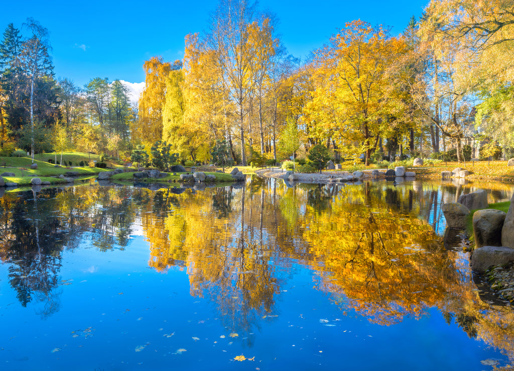 Japanese garden of stones in park Kadriorg with beautiful pond at golden autumn. Tallinn, Estonia