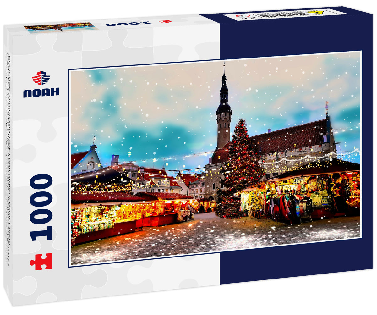 Christmas Tallinn Old Town Hall Square Winter night marketplace and tree light decoration , holiday celebration in Europe blurred night light ,snowflakes fall ,travel Estonia