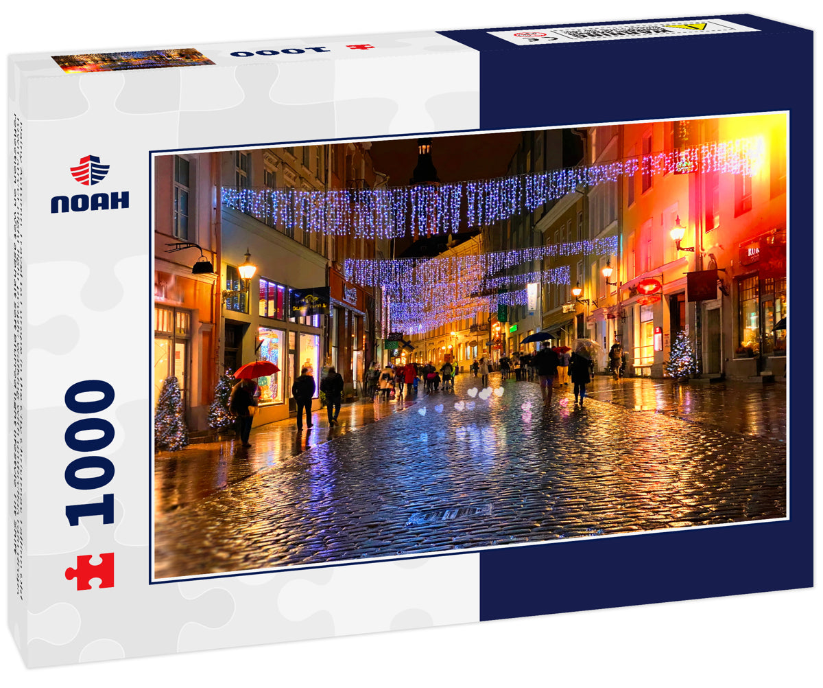 Rainy Autumn Travel to Europe in the City Christmas Tallinn Old town street night light people walking with umbrellas rain drops reflection on wet asphalt soft blurred light lifestyle Tilt Shift