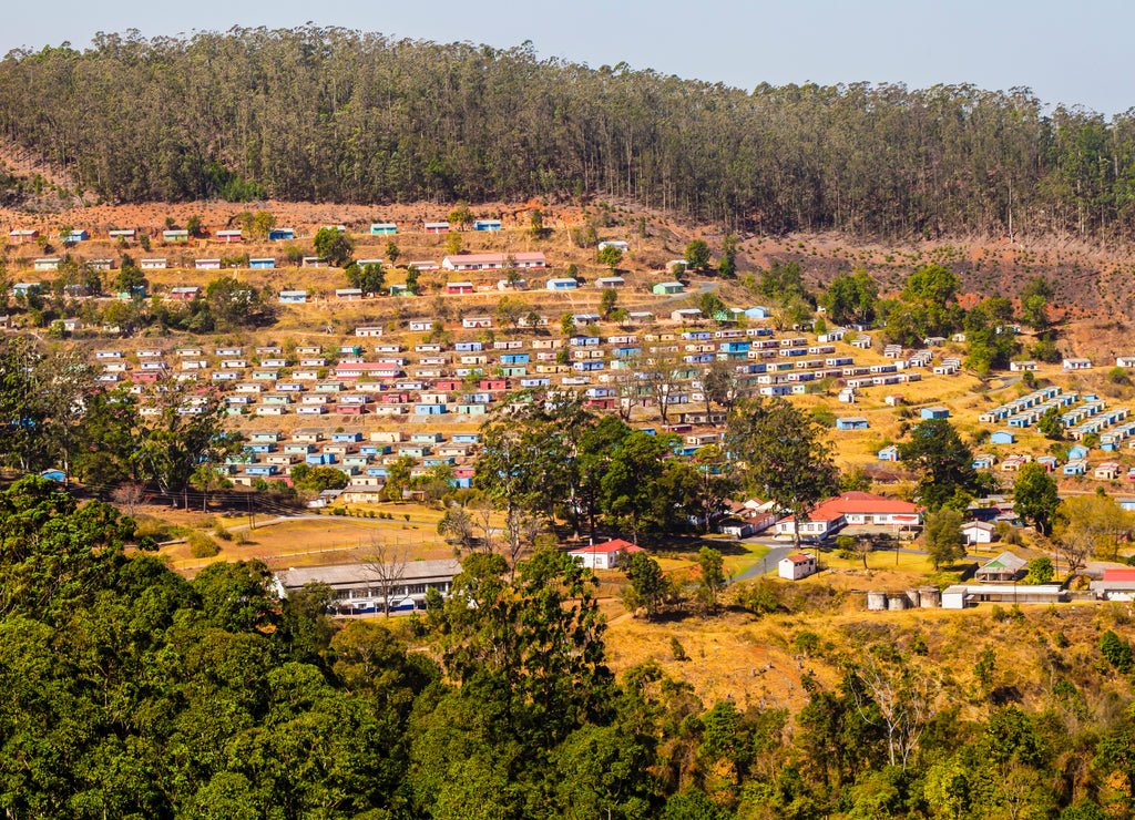 Panoramic view of typical village with colorful houses arranged in geometric manner, Eswatini, South Africa