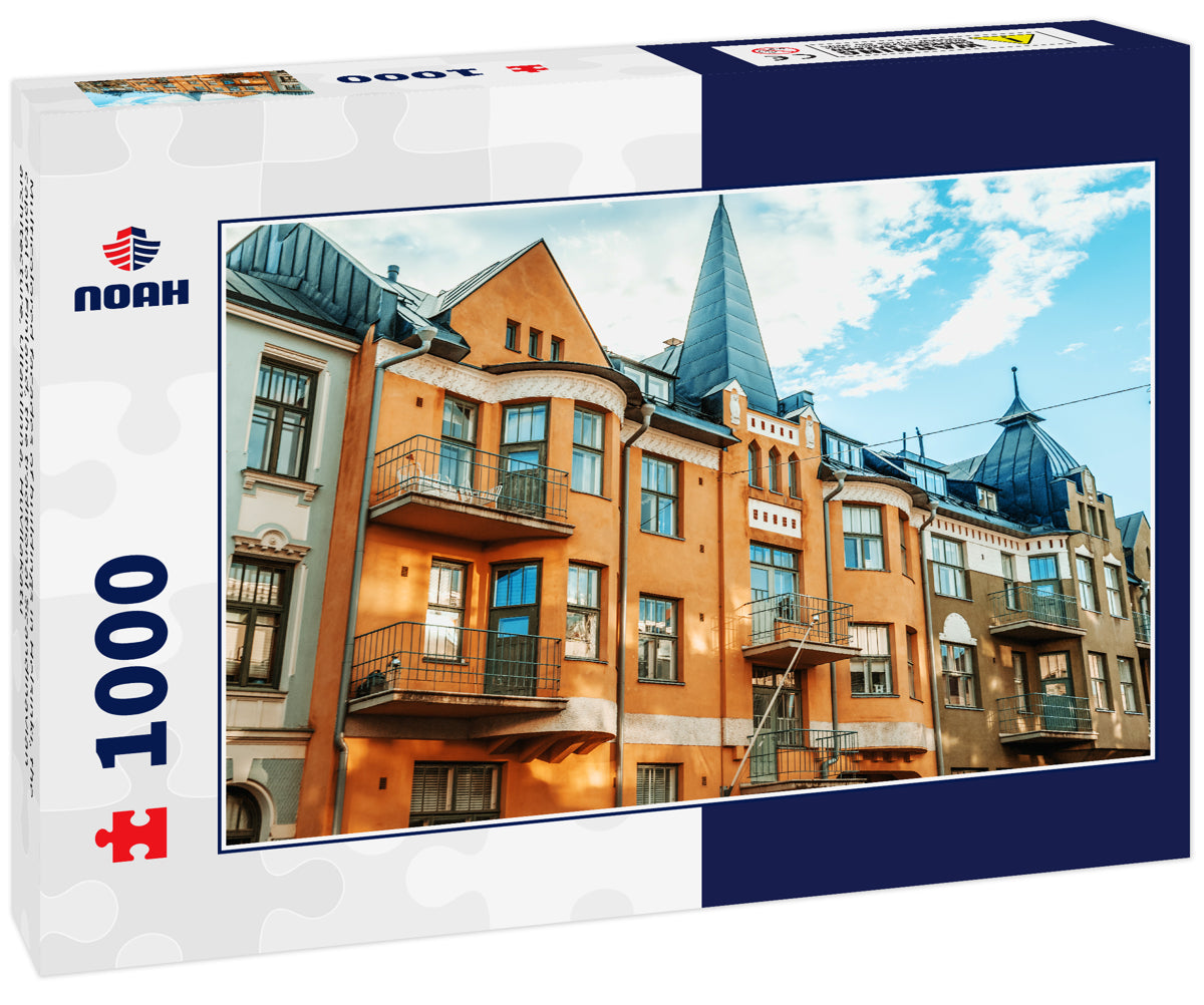 Multicolored facades of buildings in Helsinki, the capital of Finland, the traditional Scandinavian architecture, Ullanlinna, Huvilakatu