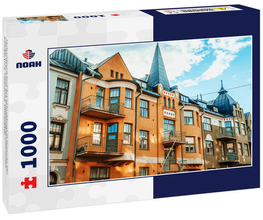 Multicolored facades of buildings in Helsinki, the capital of Finland, the traditional Scandinavian architecture, Ullanlinna, Huvilakatu