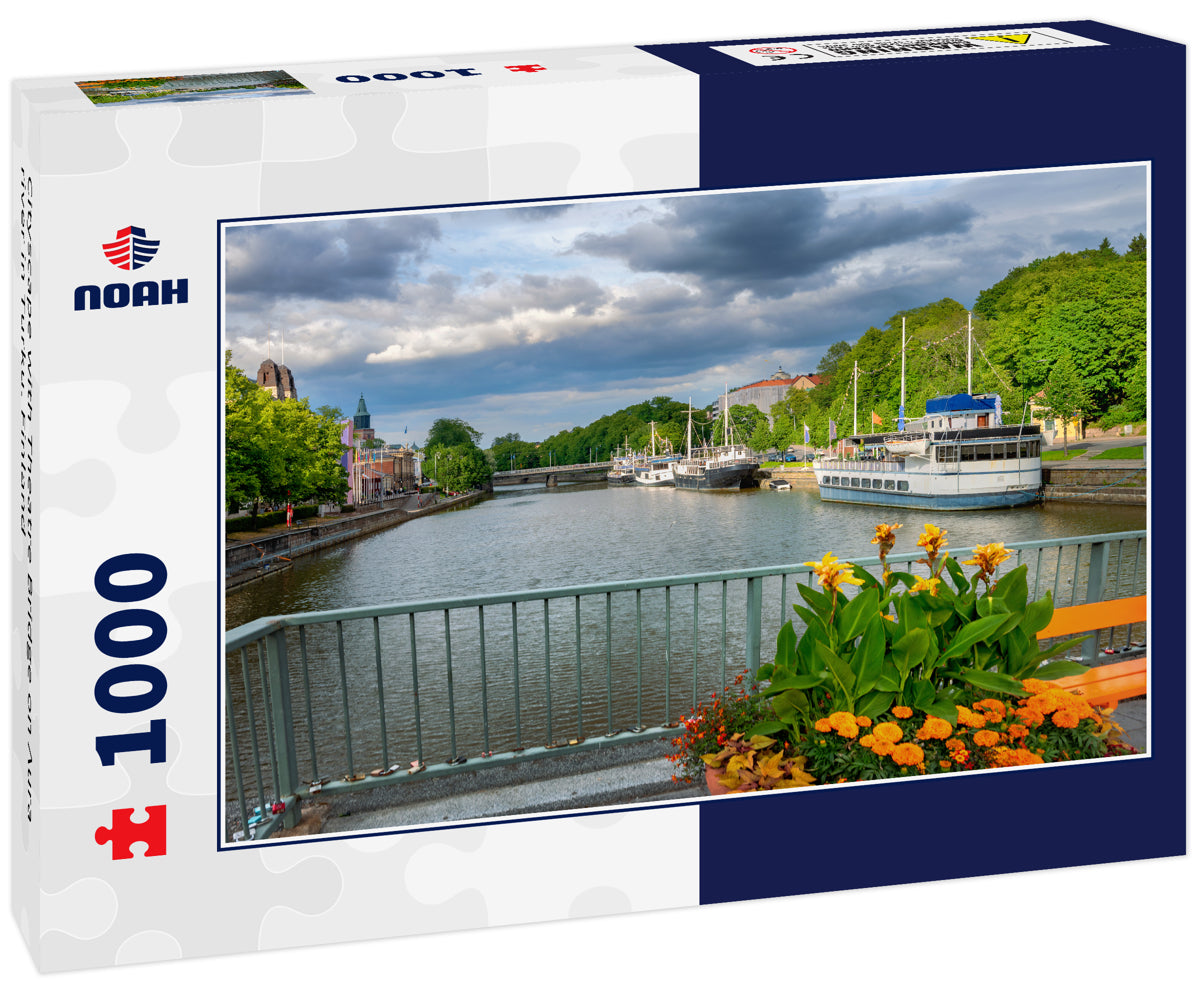 Cityscape with Theatre Bridge on Aura river in Turku. Finland
