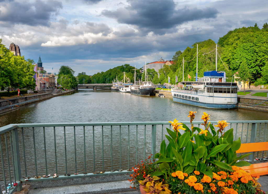 Cityscape with Theatre Bridge on Aura river in Turku. Finland