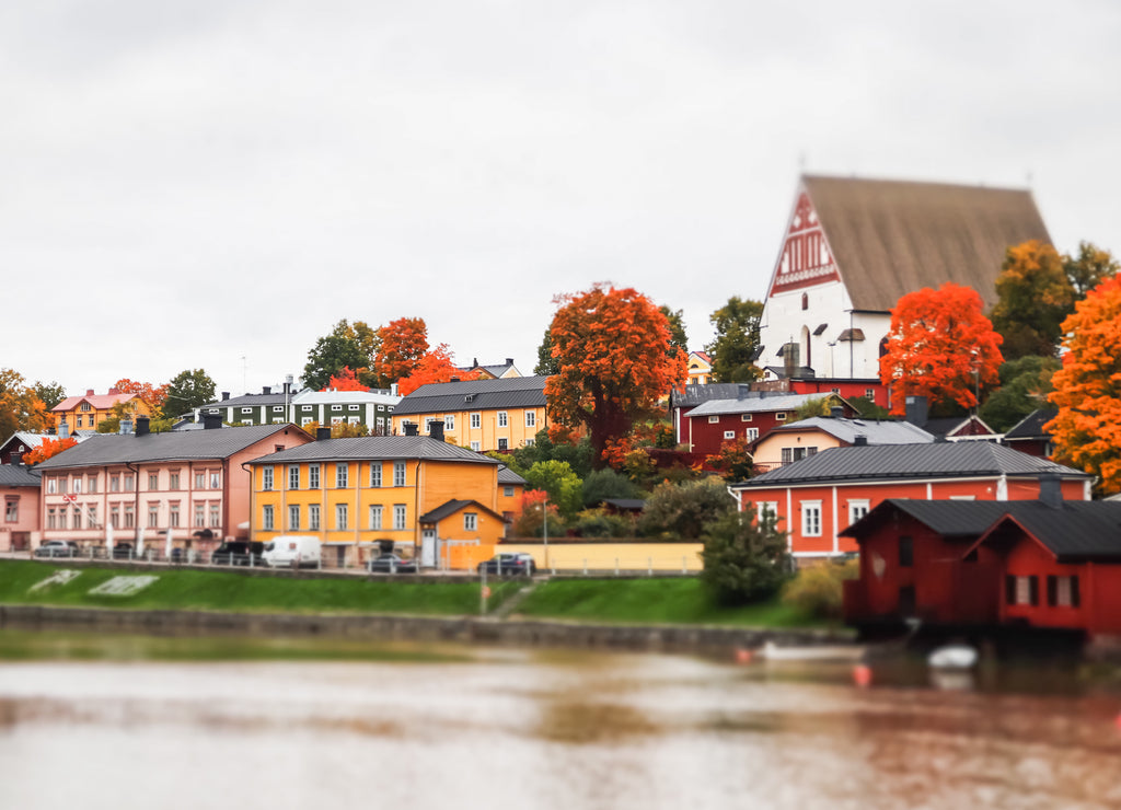 View of old Porvoo, Finland. Beautiful city autumn landscape with Porvoo Cathedral and colorful wooden buildings