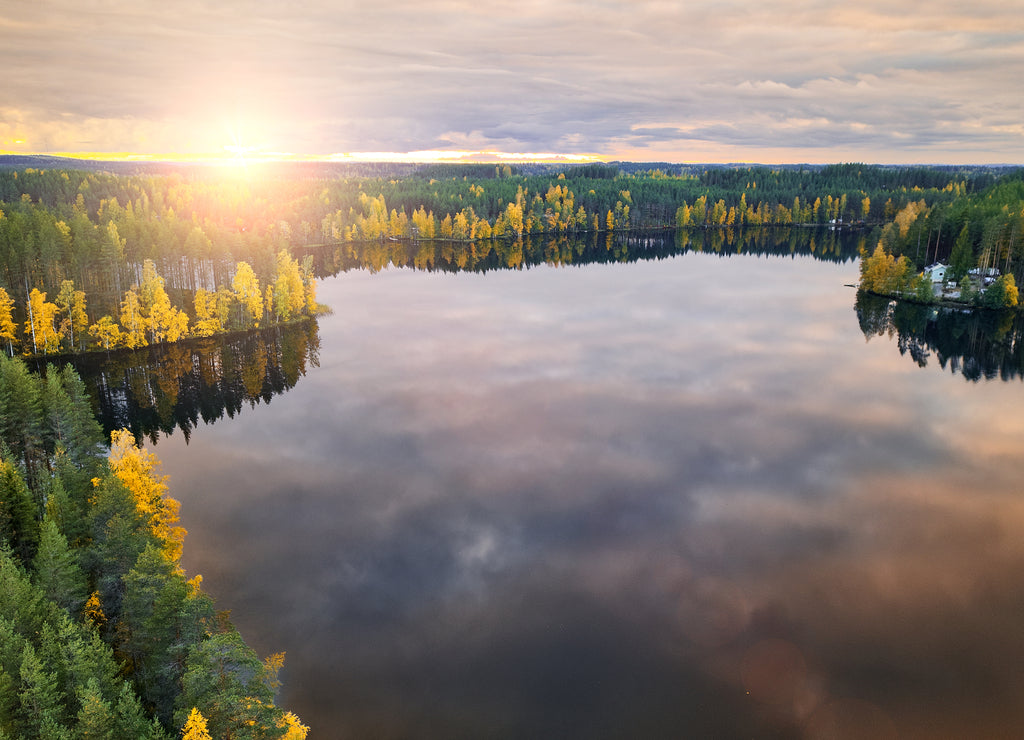 Harvinjarvi lake in Finland. Finnish nature. Beautiful gold autumn