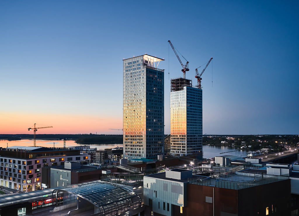 Aerial view of first skyscrapers in Finland in Kalasatama district. Tallest buildings in Finland