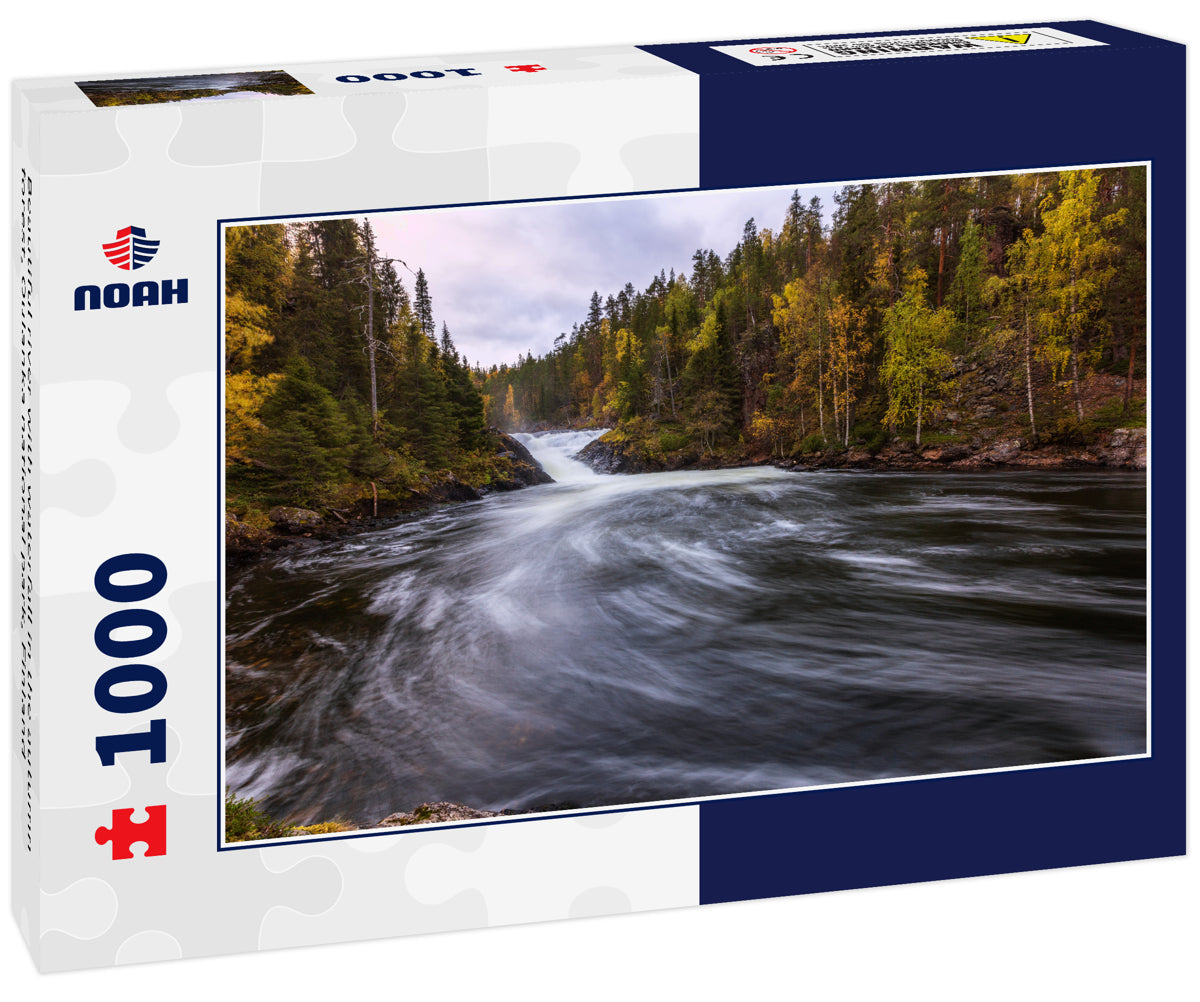 Beautiful river with waterfall in the autumn forest, Oulanka national park, Finland