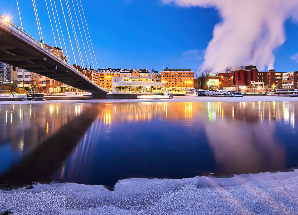 Tampere Tammerkoski rapids blue hour and Laukonsilta bridge