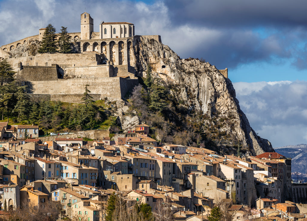 Sisteron rooftops with its Citadel and fortifications (panoramic). Alpes de Haute Provence, Southern Alps, France