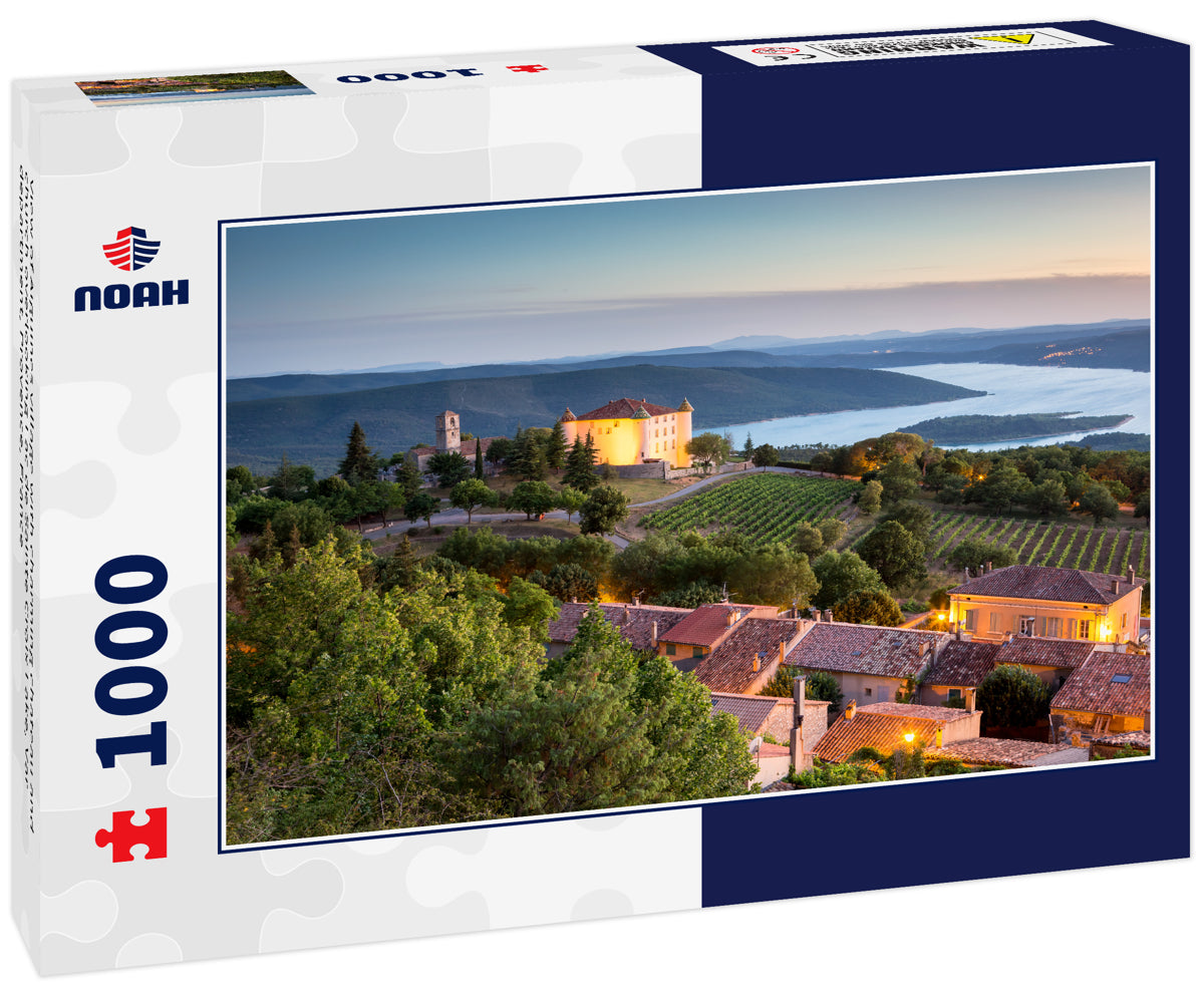 View of Aiguines village with charming chateau and church overlooking Lac de Sainte Croix Lake, Var department, Provence, France