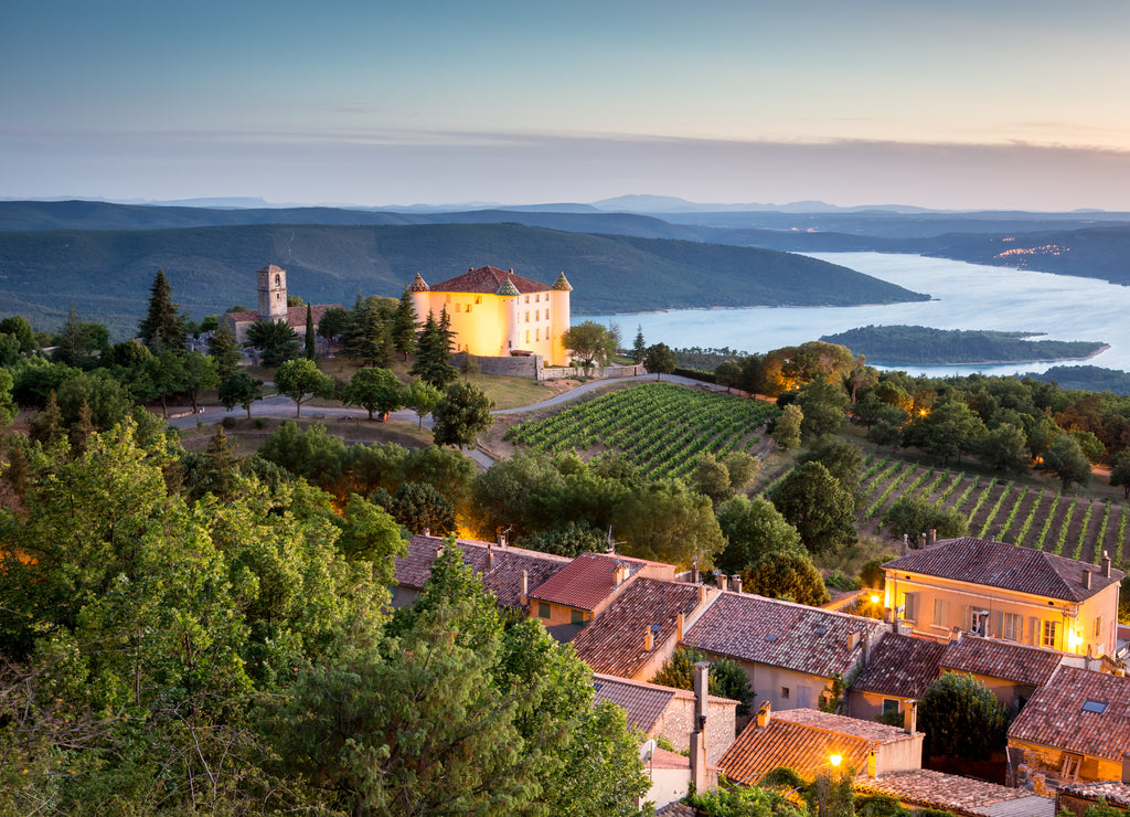 View of Aiguines village with charming chateau and church overlooking Lac de Sainte Croix Lake, Var department, Provence, France