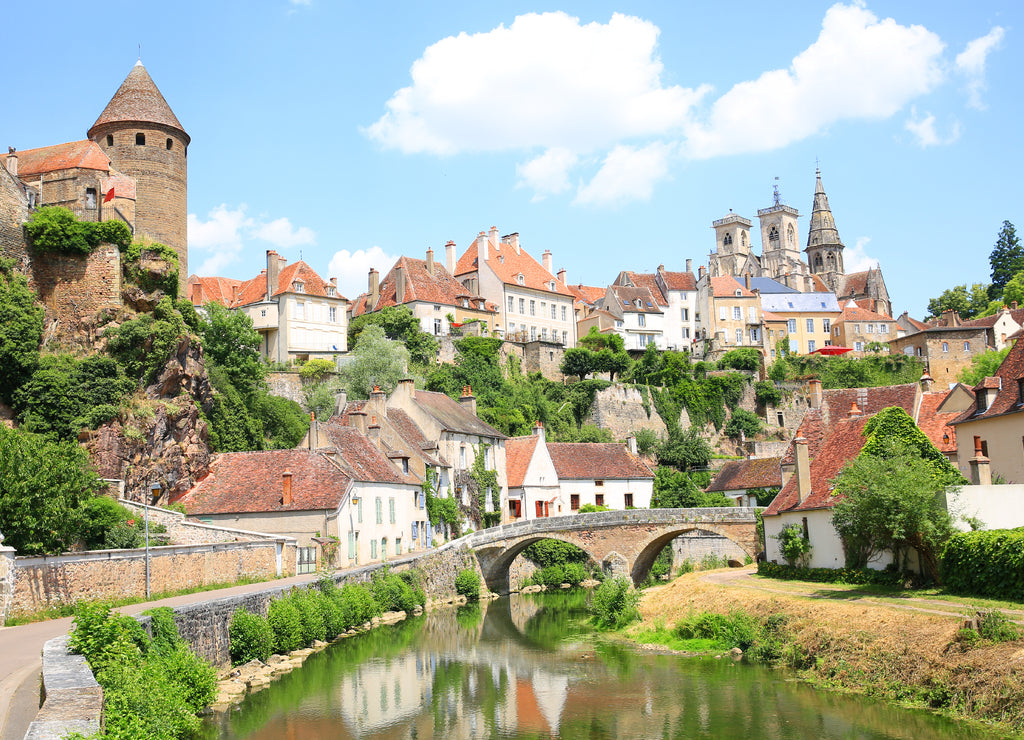 Medieval Semur-en-Auxois in Burgundy, River Armancon, France
