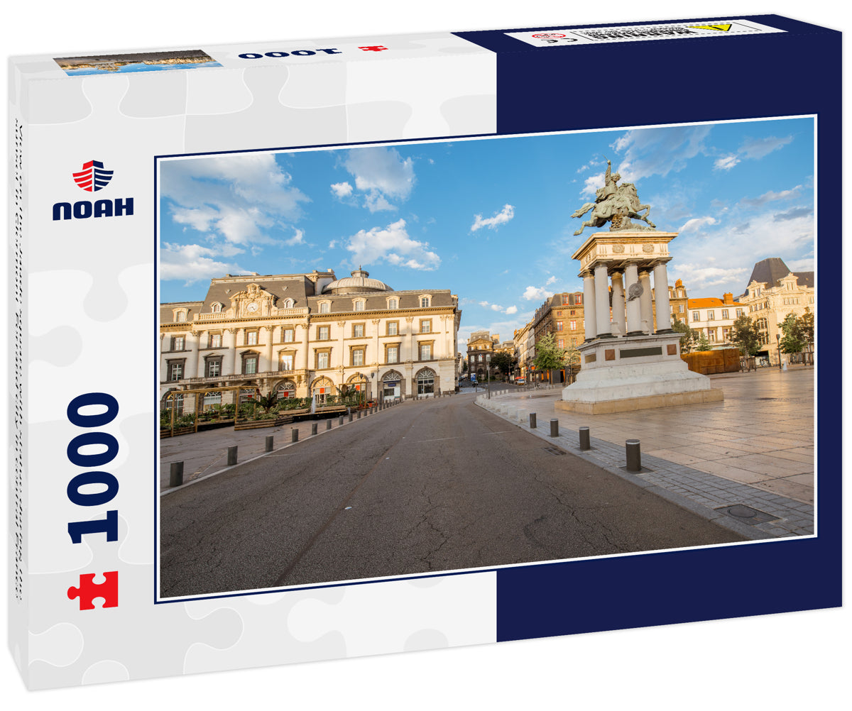 View on the Jaude square with statue during the sunset in Clermont-Ferrand city in central France