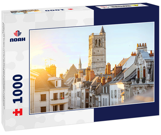 Top cityscape view on the old buildings and curch tower in Orleans city during the sunset in central France