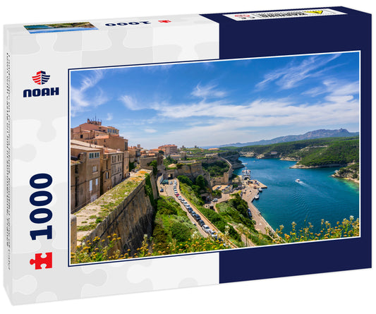 Landscape on Corsica island, beautiful view of Calvi town with castle on hill in summertime, France