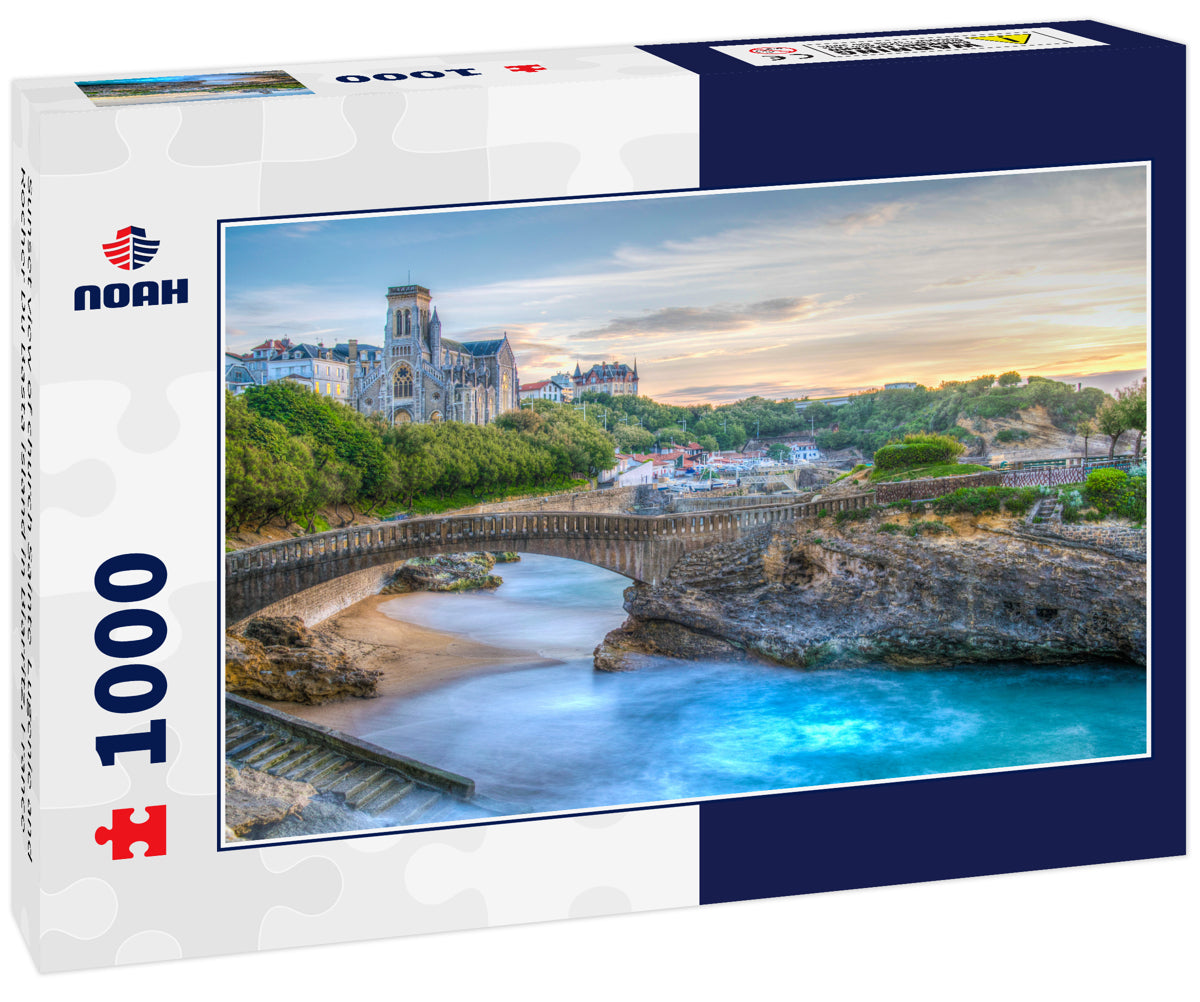 Sunset view of church Sainte-Eugenie and Rocher Du Basta island in Biarritz, France