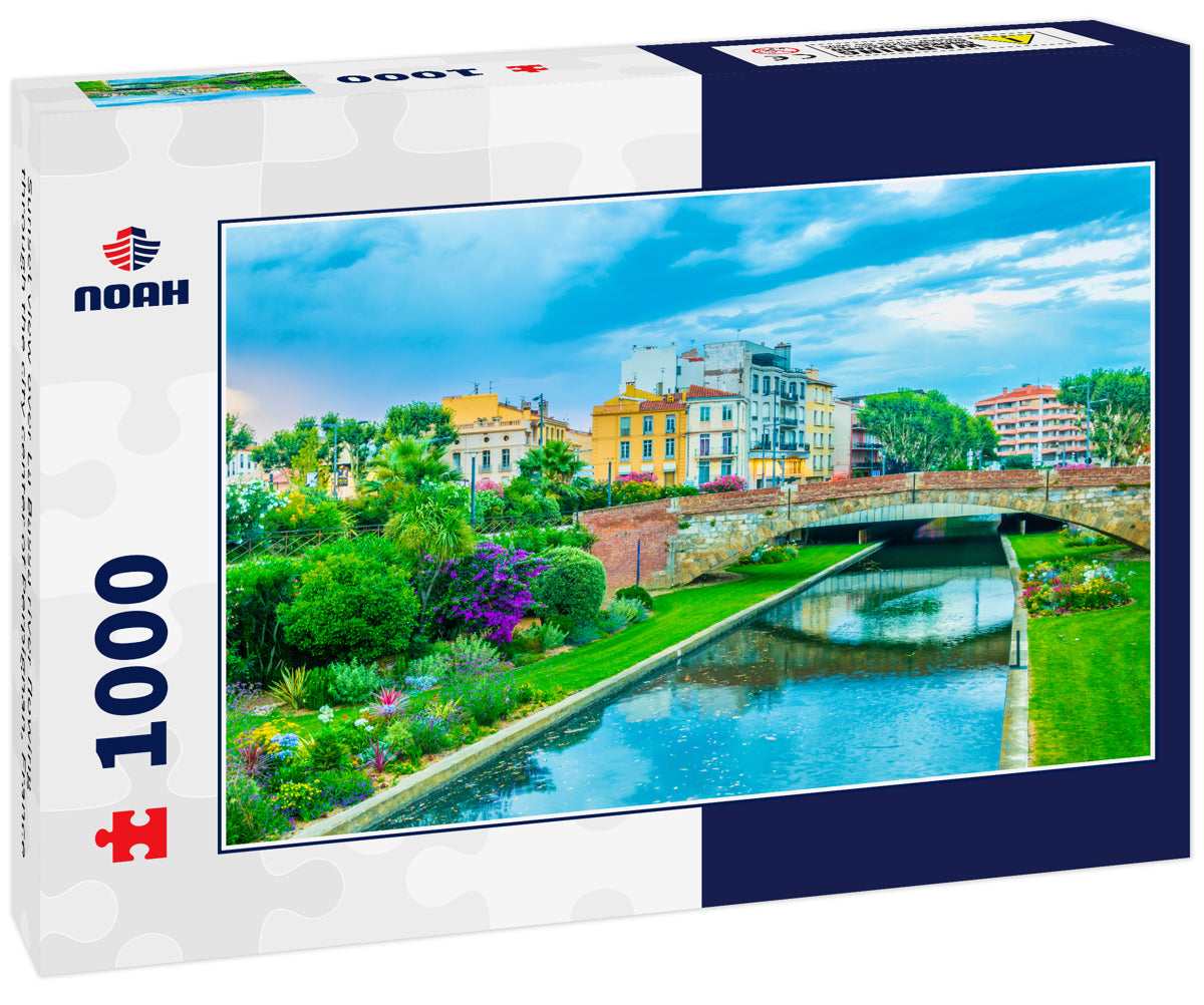 Sunset view over La Bassa river flowing through the city center of Perpignan, France