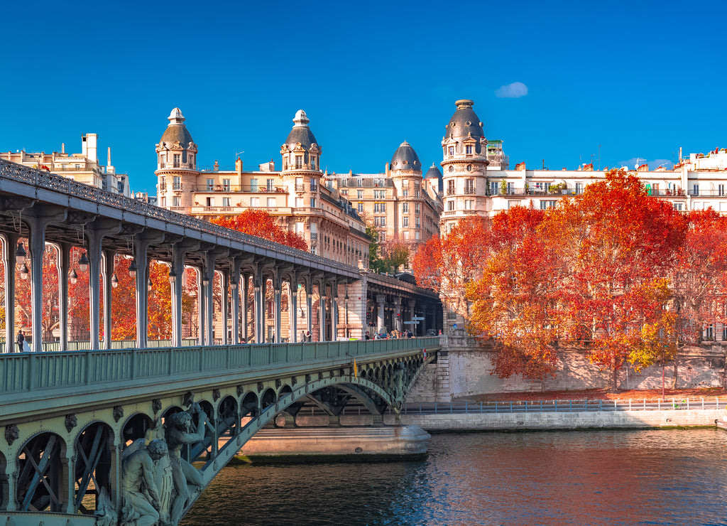 Paris, panorama in autumn, the Bir-Hakeim bridge and beautiful parisian buildings, view of the Seine