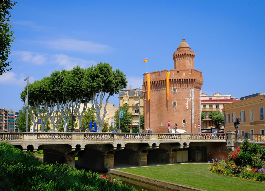 View to the Canal and Castle of Perpignan in springtime. Pyrenees-Orientales, France