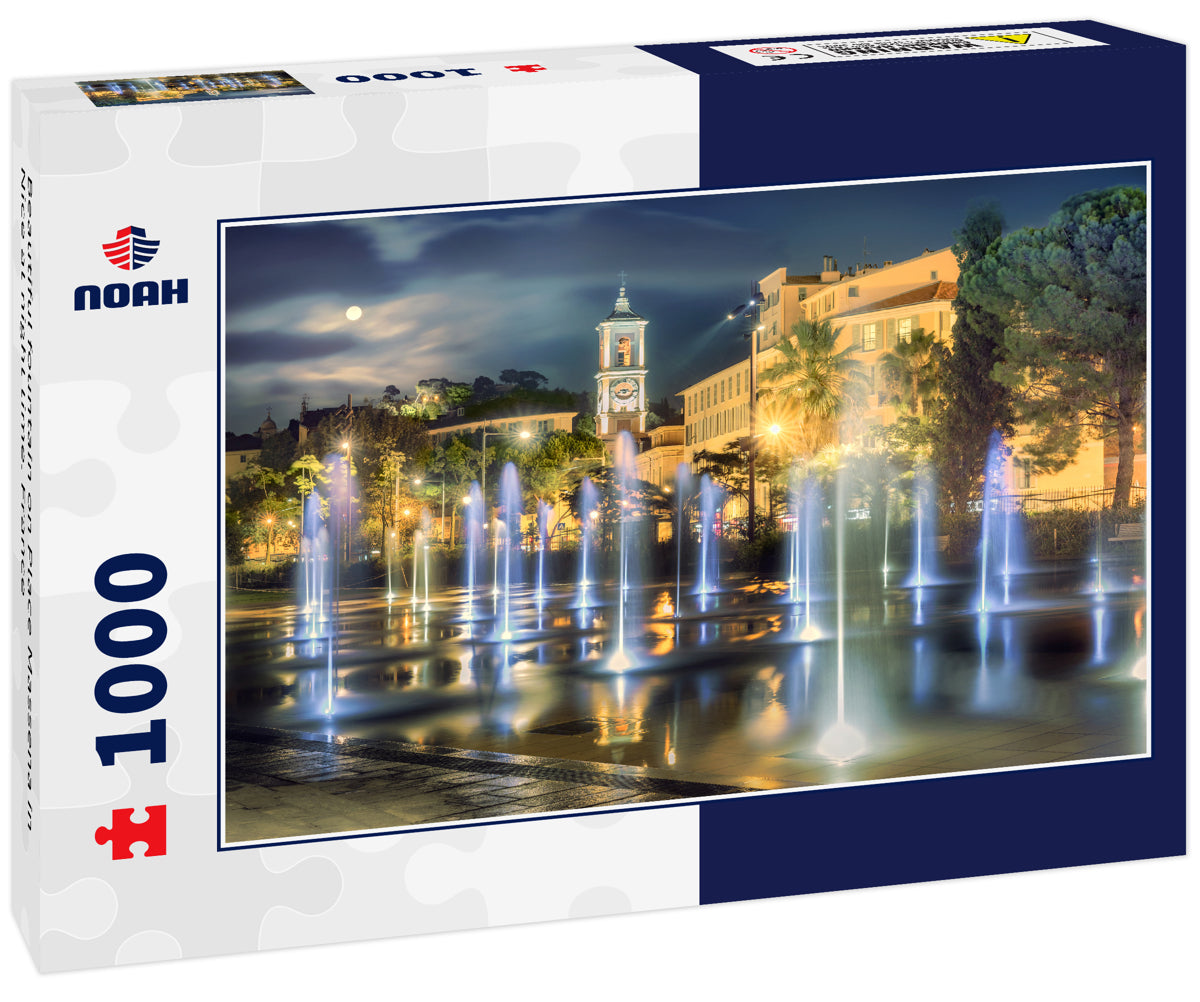 Beautiful fountain on Place Massena in Nice at night time. France