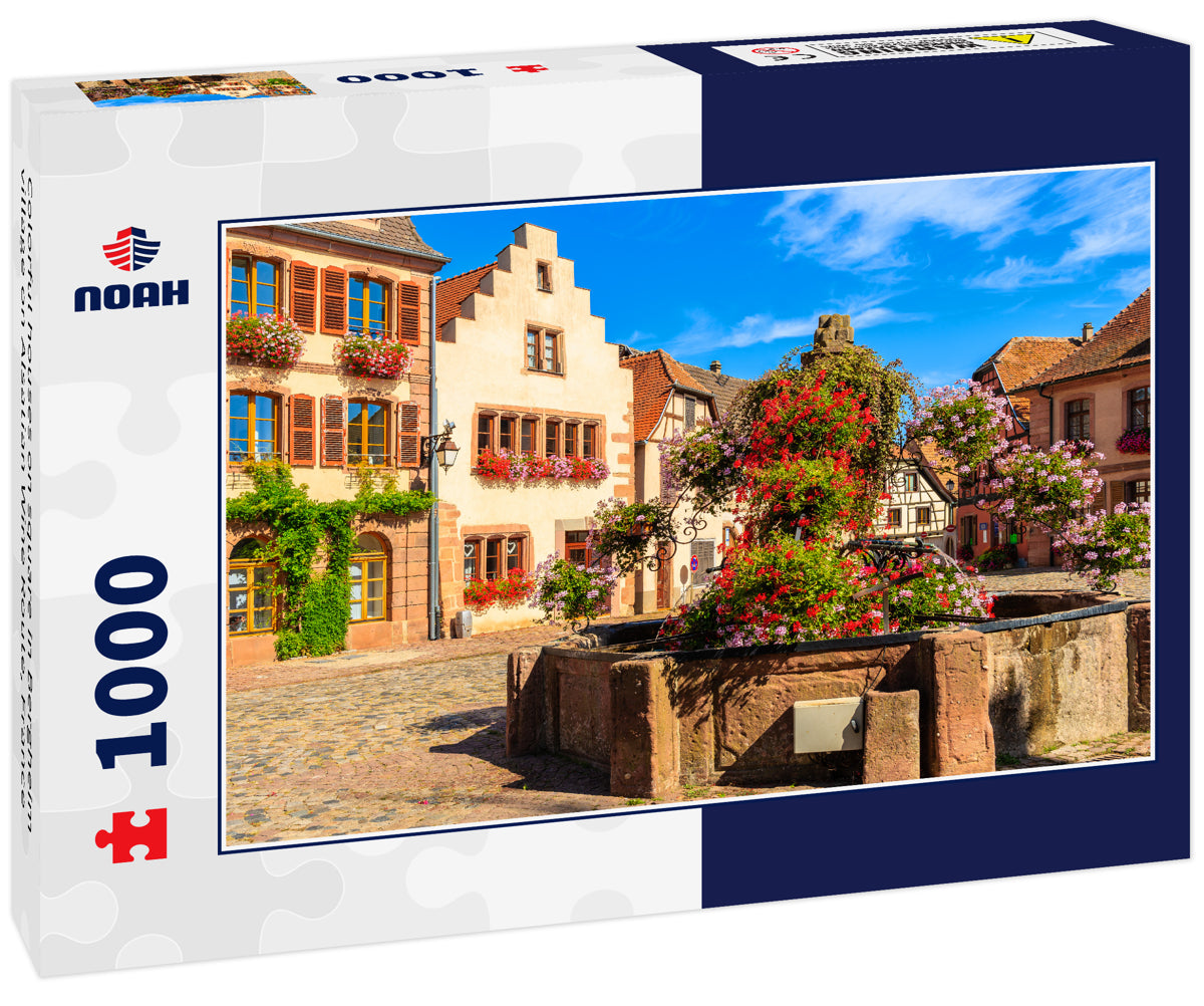 Colorful houses on square in Bergheim village on Alsatian Wine Route, France