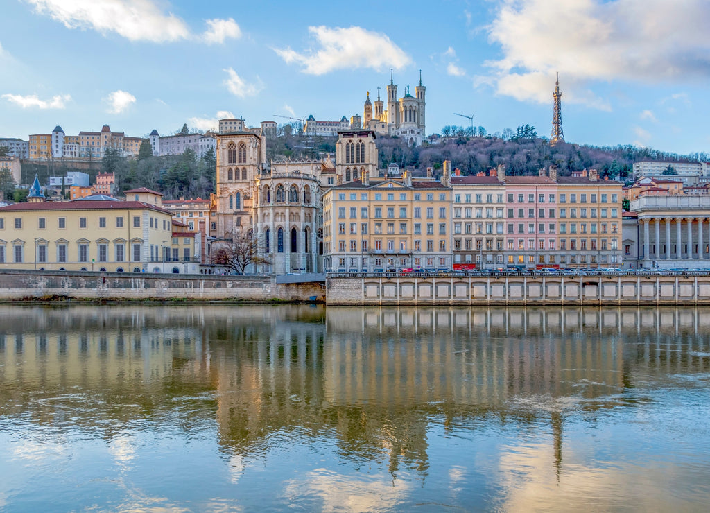 Cathedral Saint Jean and Basilica Notre-Dame de Fourviere, iconic symbols of Lyon, Rhone, France