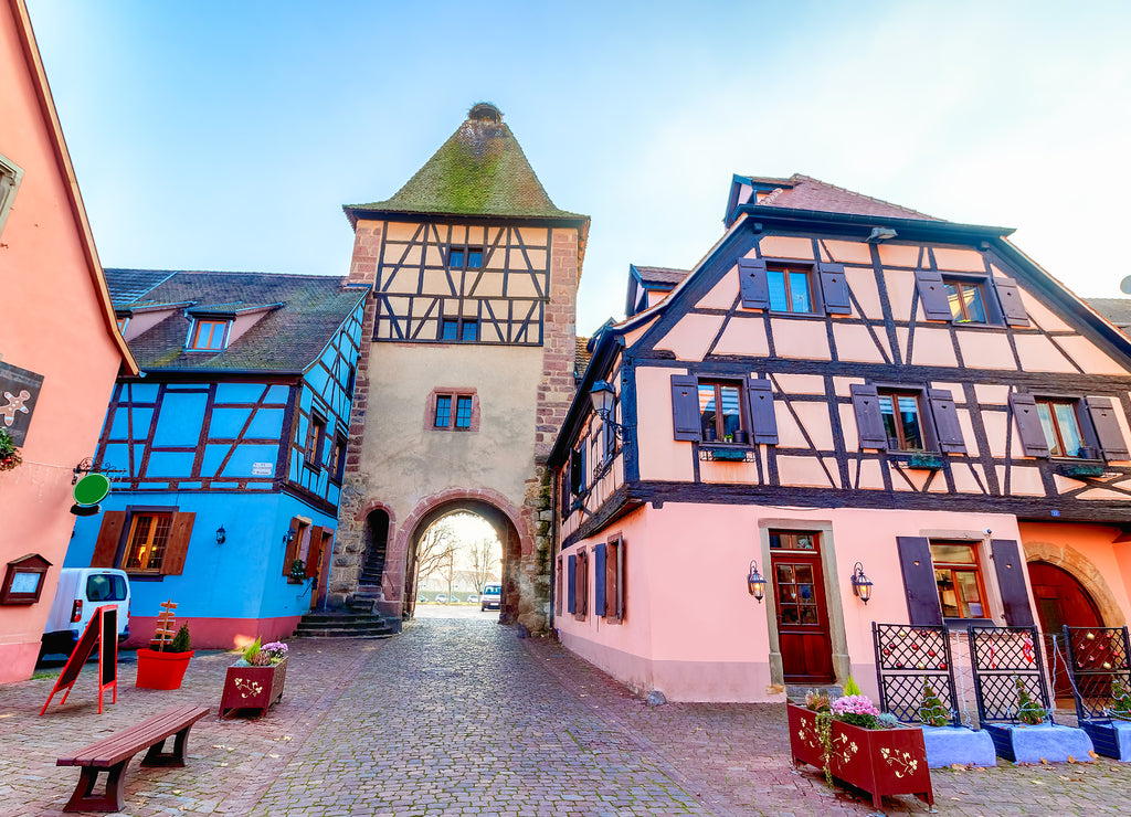 Traditional colorful half-timbered houses in Turckheim, Wine Route, decorated at Christmas, France