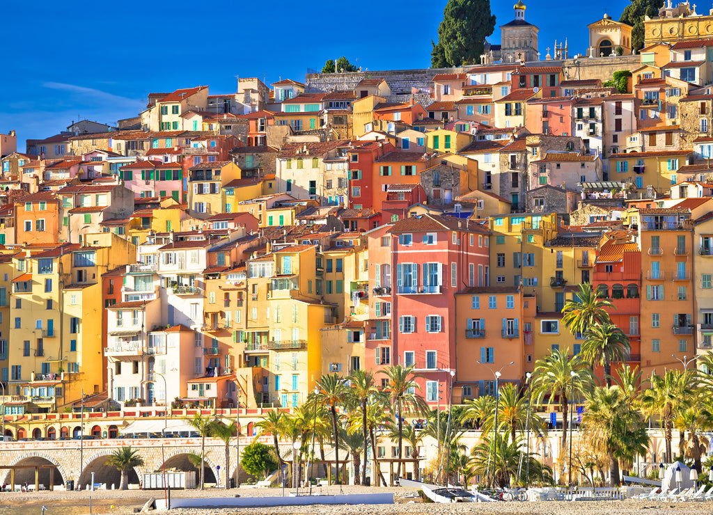 Colorful facades of Cote d Azur town of Menton beach and architecture view