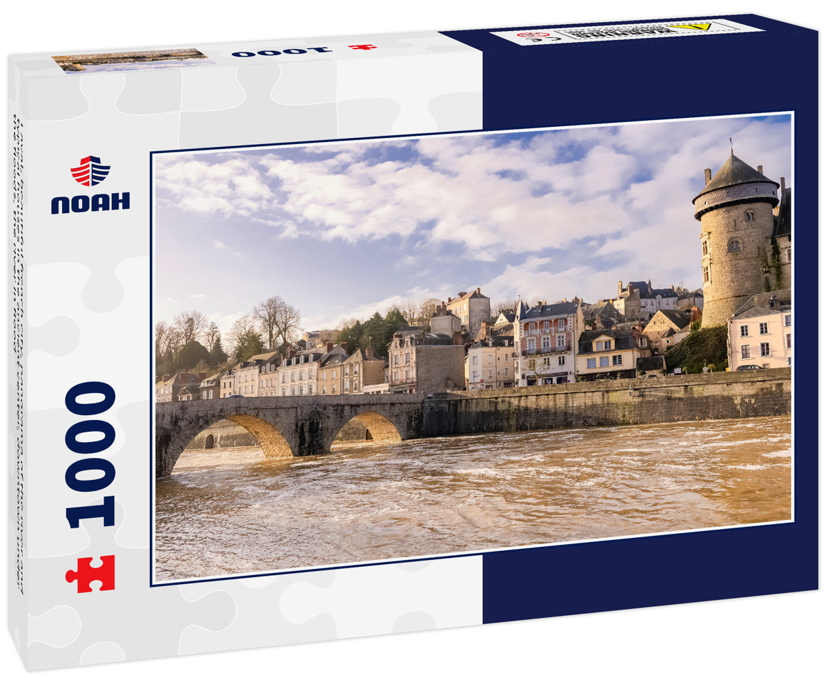 Laval, beautiful french city, panorama of the river and typical houses in the ancient center, downtown under the floods, the river in flood