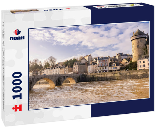 Laval, beautiful french city, panorama of the river and typical houses in the ancient center, downtown under the floods, the river in flood