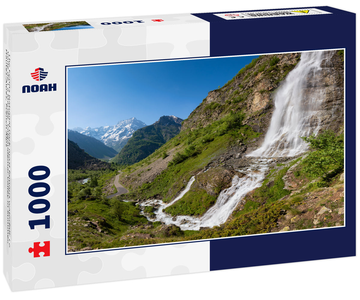 The Ecrins National Park most famous waterfall: Le Voile de La Mariée. Valgaudemar Valley in Summer, Hautes-Alpes, French Alps