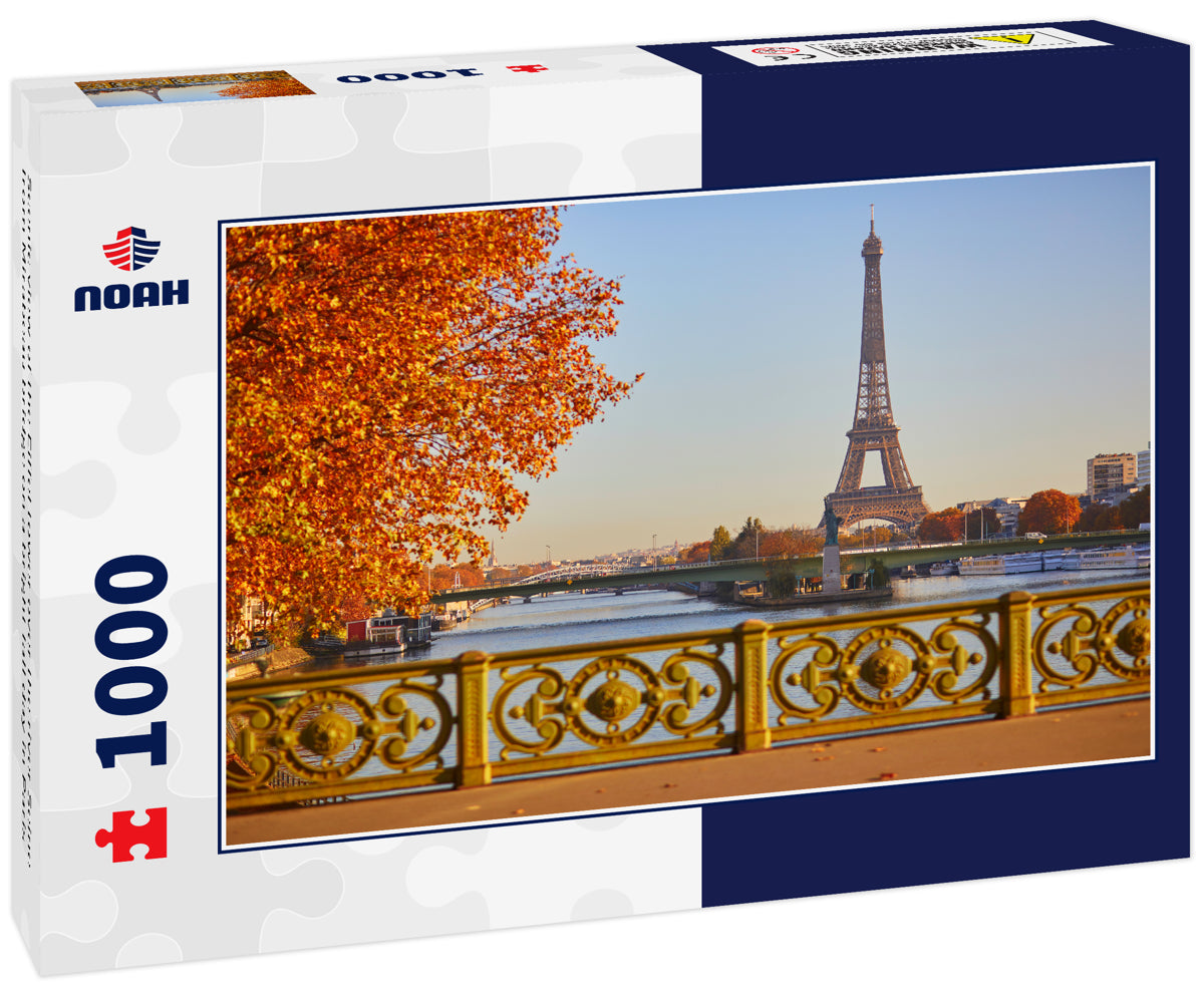 Scenic view of the Eiffel tower over the river Seine from Mirabeau bridge on a bright fall day in Paris