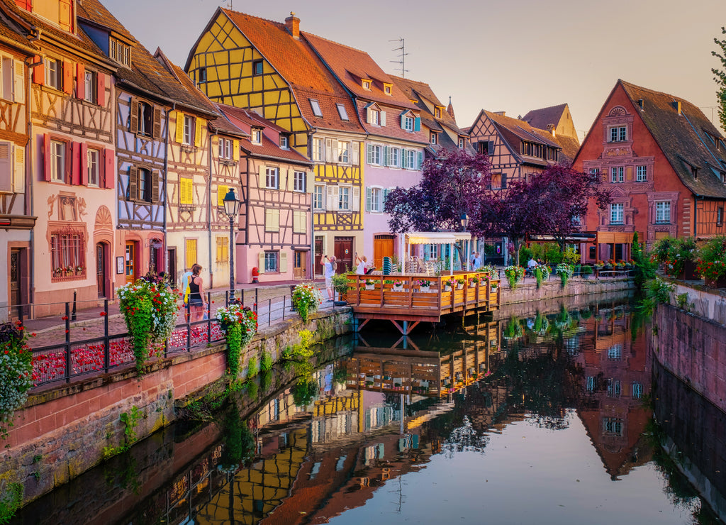 Colmar, Alsace, France. Petite Venice, water canal, and traditional half timbered houses