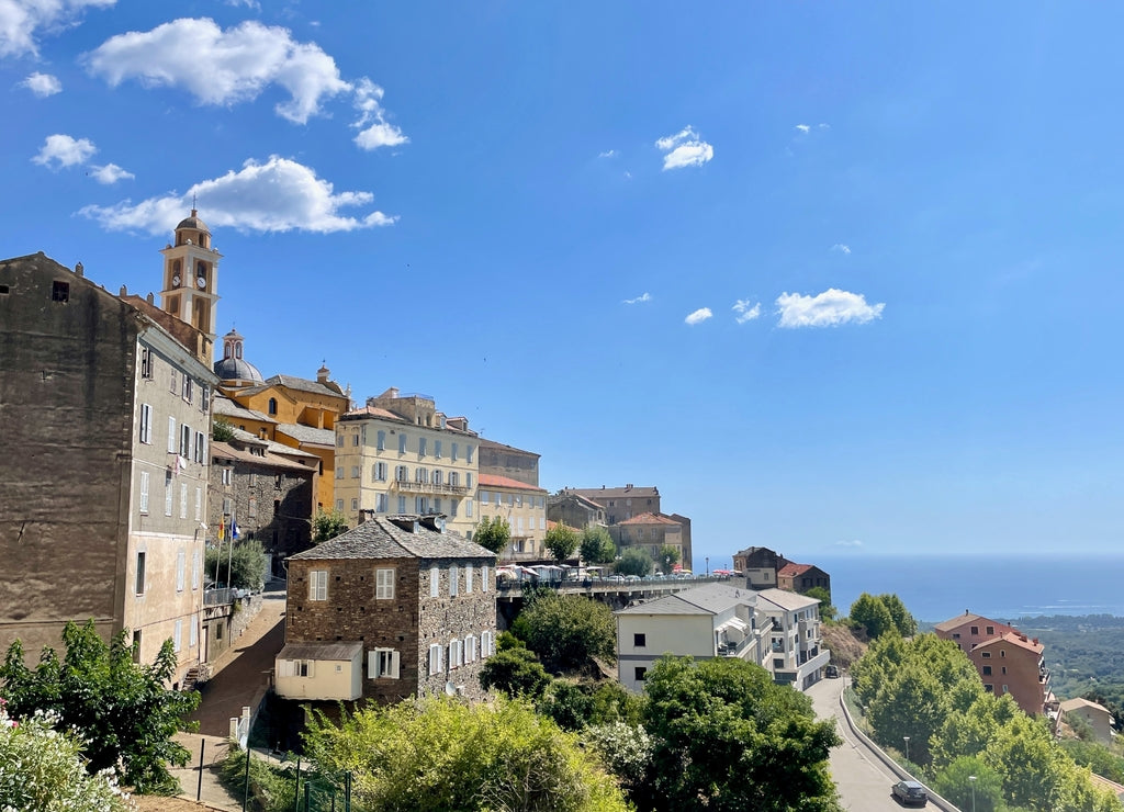 Panoramic view of dreamy mountain village Cervione in Castagniccia, Corsica