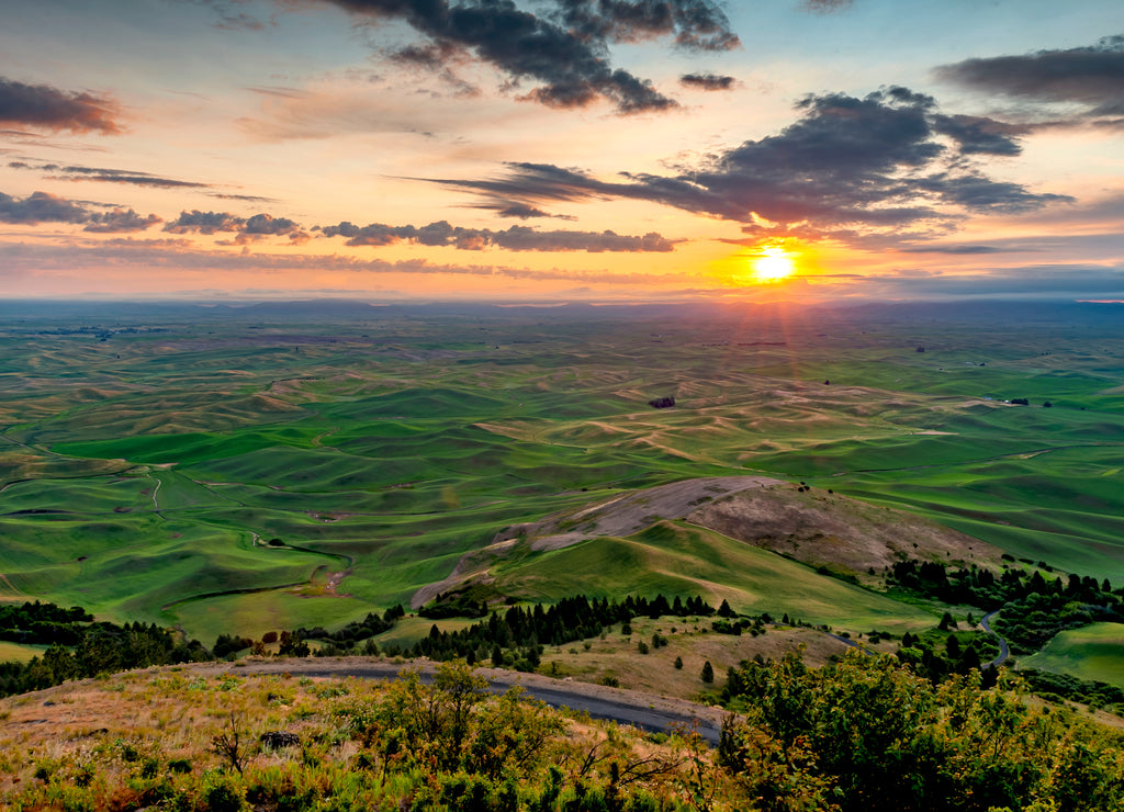 Beautiful and Dramatic Palouse, Washington, Summer Sunrise.The rolling hills of the Palouse area of eastern Washington as seen from the famous Steptoe Butte State Park-a photographic paradise