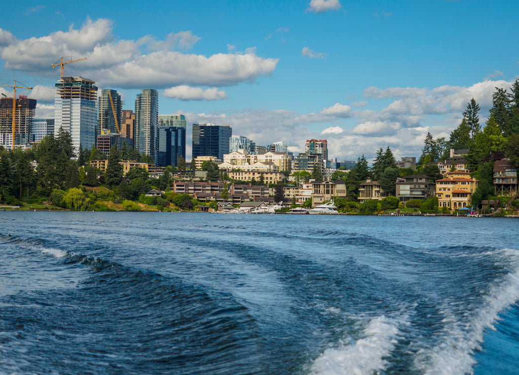 USA, Washington State, Bellevue. Skyline view from Lake Washington