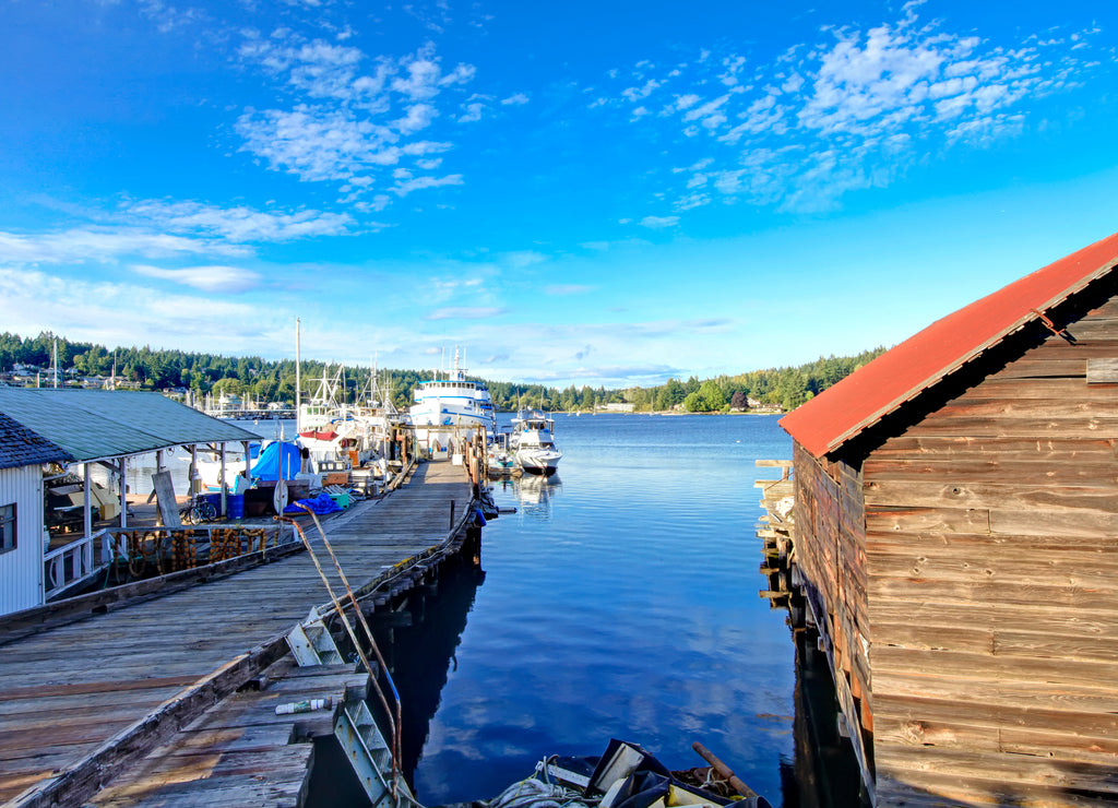 Gig Harbor downtown with water, boats, small town, buildings. State Washington, USA